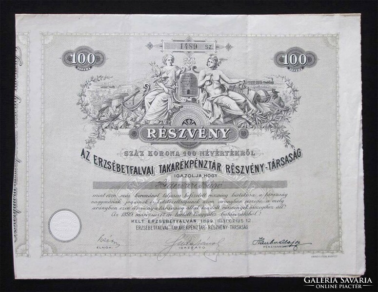 Erzsébetfalvai Takarékpénztár részvény 100 korona 1899 - Erzsébetfalva