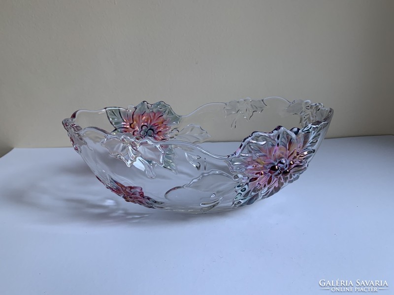 Virágos kristály csónak alakú asztalközép kínáló tál 28 cm x 16 cm x 10 cm