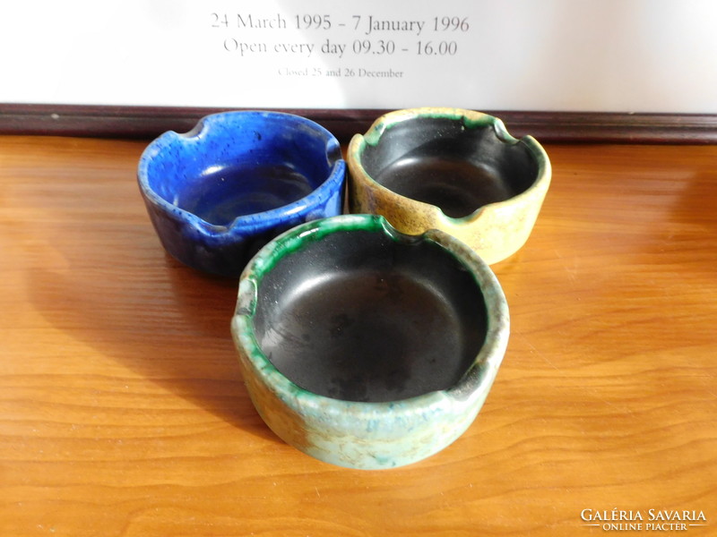 Three colorful retro industrial art ceramic ashtrays