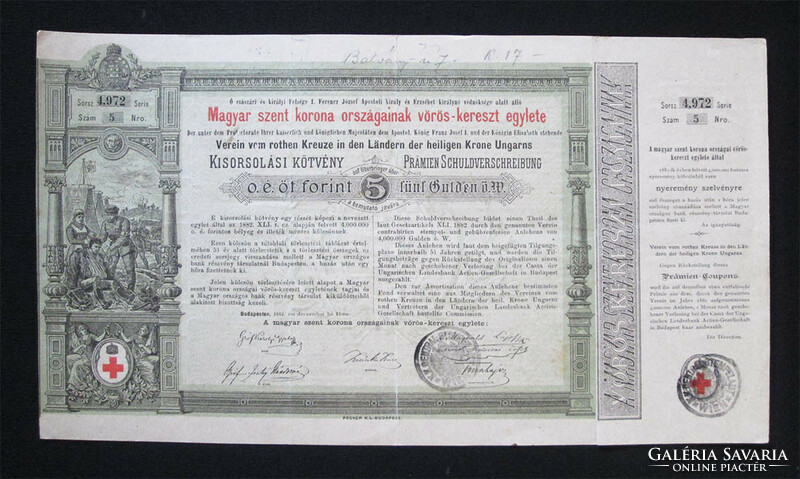 Magyar Vöröskereszt Egylet kötvény 5 forint 1882