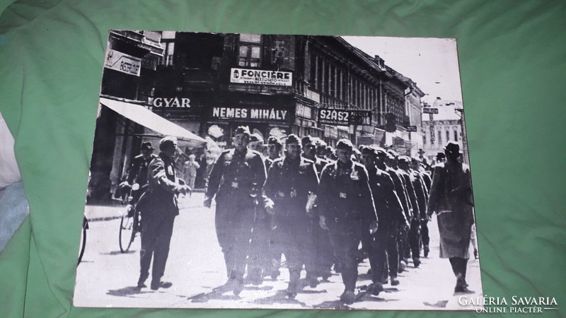 Old museum exhibition document photo picture (black house in Szeged) on wood panel 30x40cm military march sas utca
