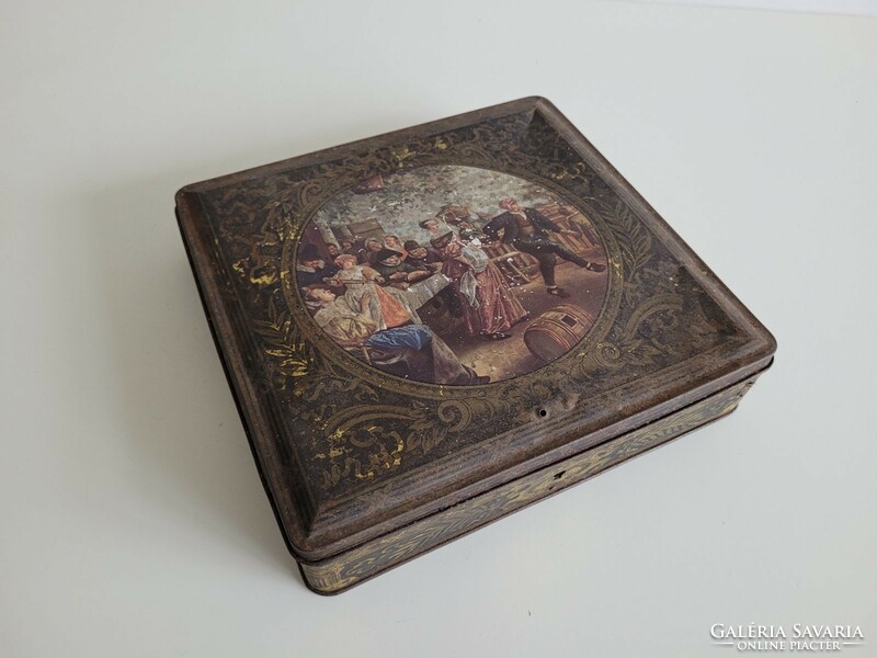 Old metal box vintage box with Jan Steen painting