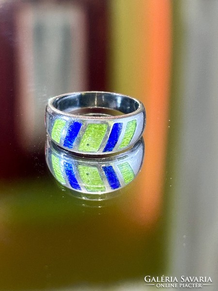 Antique silver ring with fire enamel decoration