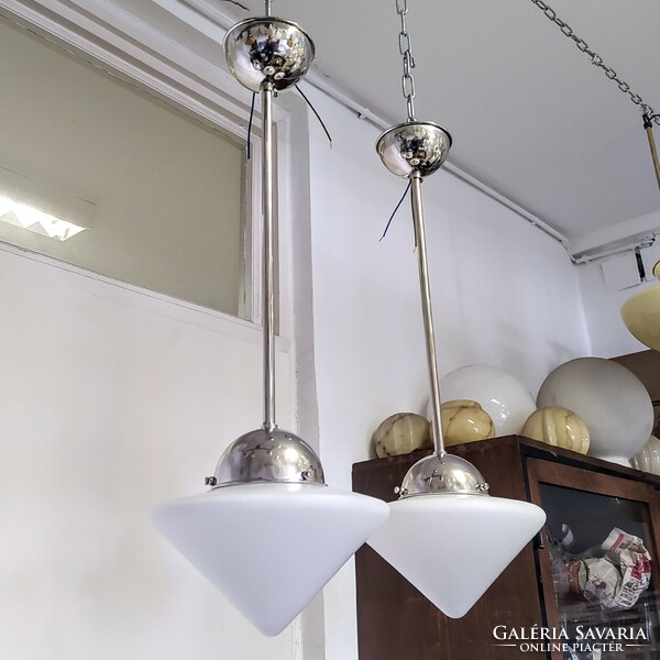 A pair of art deco nickel-plated ceiling lamps renovated - cone-shaped milk glass shade