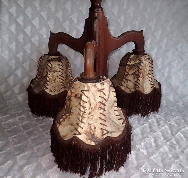 Old wooden 3-pronged wedding lamp leather lampshade three-pronged ceiling chandelier fringed canopy shade lampshade