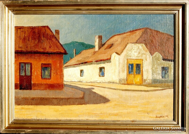 Mihály Lupták: Óbuda street, 1983 - oil painting, framed