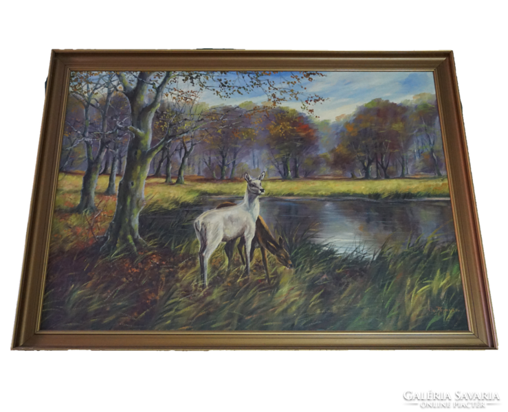 Two deer by the lake forest landscape (signed, unknown painter, original title unknown)