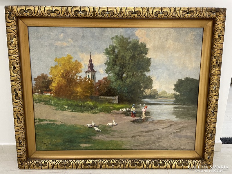 Neogrády antal village scene goose picture with church antique painting landscape