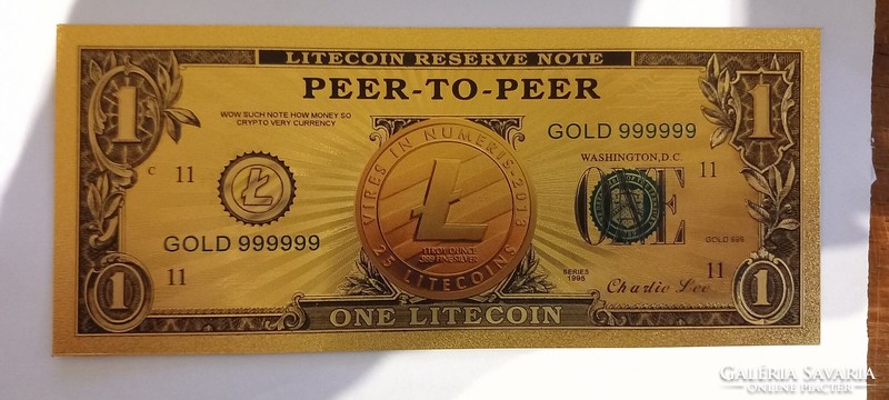 1 Litecoin - colored. Gold-plated, plastic fantasy banknote