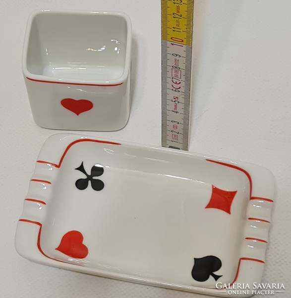 Hollóházi French card pattern porcelain cigarette holder and ashtray (2917)