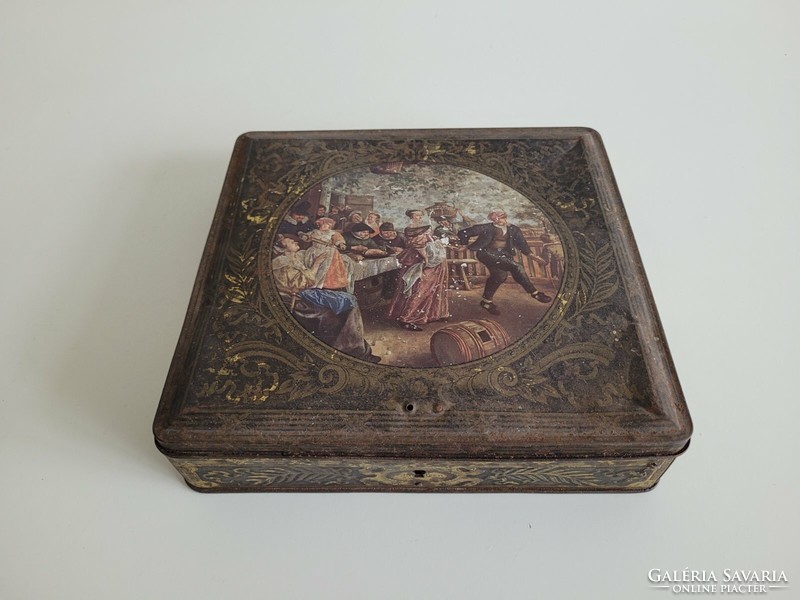 Old metal box vintage box with Jan Steen painting