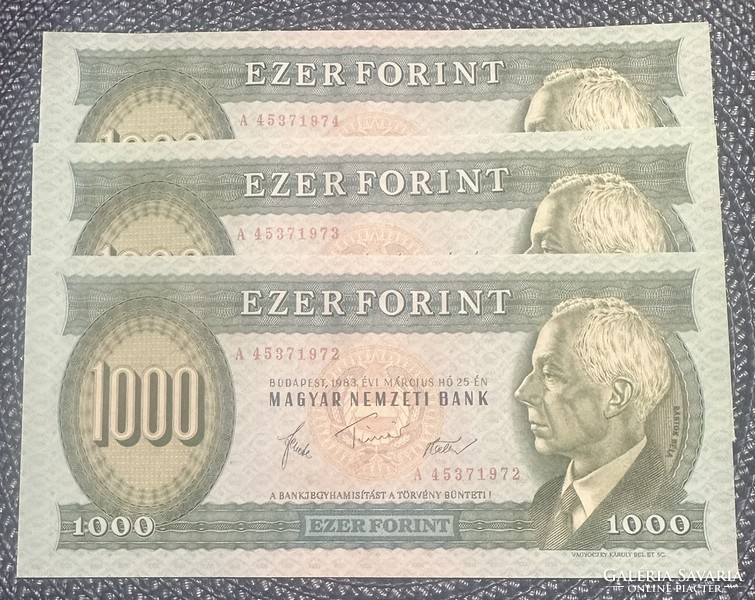 1000 forint 1983 március A - 3db sorszámkövető - UNC