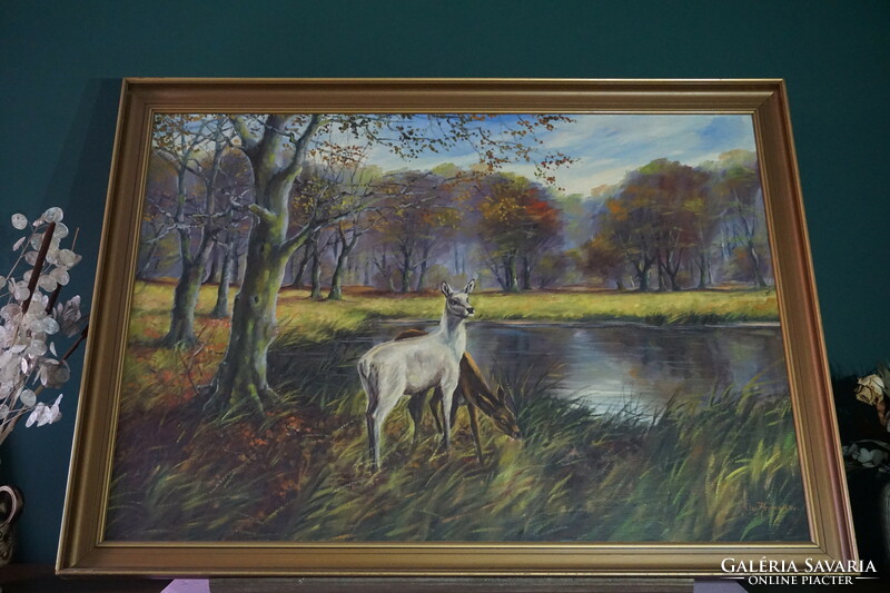 Two deer by the lake forest landscape (signed, unknown painter, original title unknown)