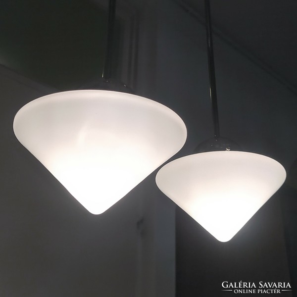 A pair of art deco nickel-plated ceiling lamps renovated - cone-shaped milk glass shade