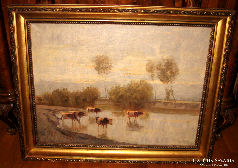 Gift price! Guaranteed original Ferenc Olgyay / 1872-1939 / painting: cows on the waterfront