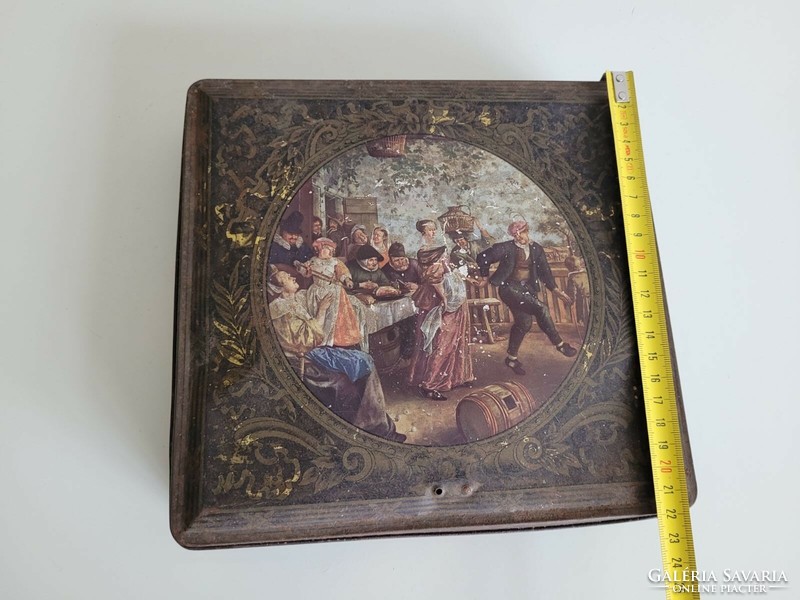 Old metal box vintage box with Jan Steen painting