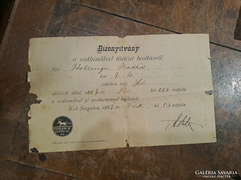 Certificate of smallpox vaccination in 1887