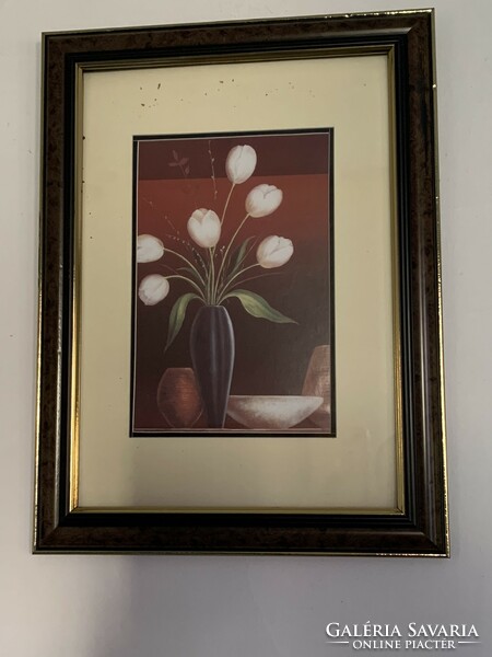 Retro álló falikép fehér tulipán virág csendélet természet fekete váza fali dekor 36 x 27 cm