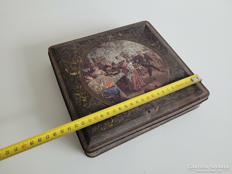 Old metal box vintage box with Jan Steen painting