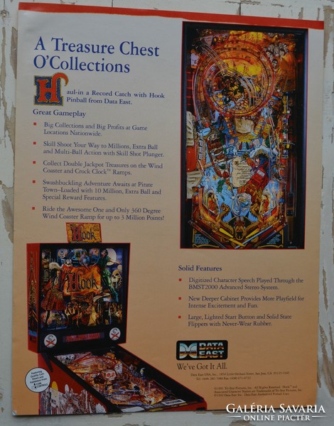 Pinball flyer Data East "Hook" Flipper reklám prospektus