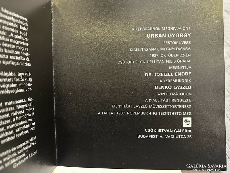 Gallery invitation to the exhibition of György Urban in 1987