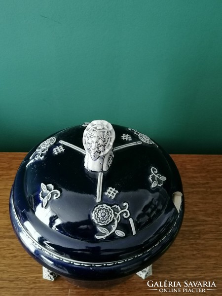 Dark blue ceramic pot with lid