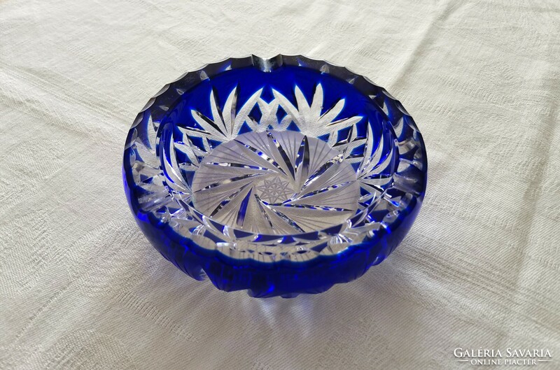 Blue, polished glass crystal ashtray