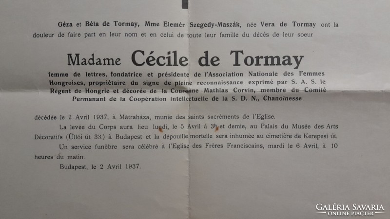 1937. Tormay Cecile írónő gyászjelentése - francia