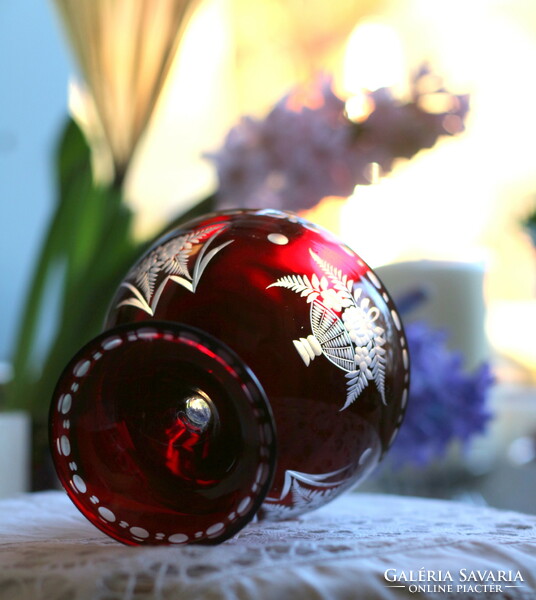 Etched glass burgundy goblet, Czech, Bohemian