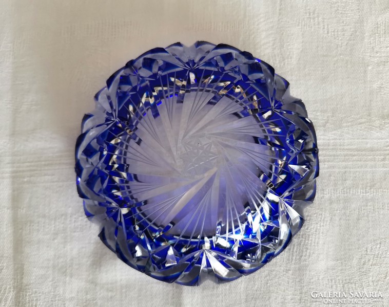 Blue, polished glass crystal ashtray
