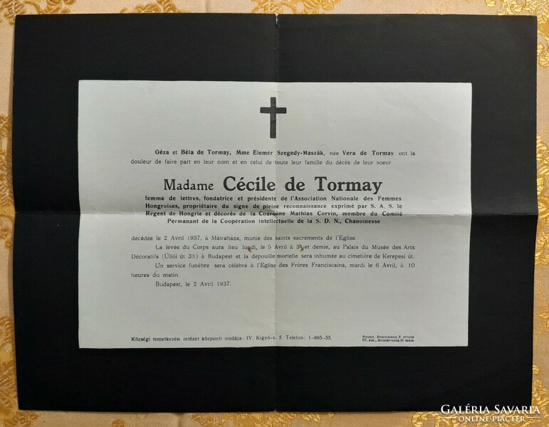 1937. Tormay Cecile írónő gyászjelentése - francia