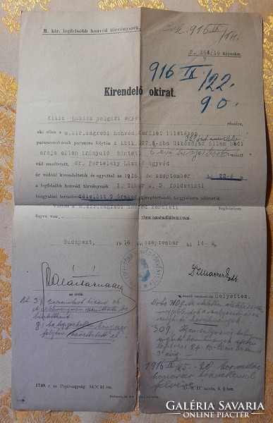 1916. Kirendelő okirat:állam hadiereje ellen irányuló bűntett miatt