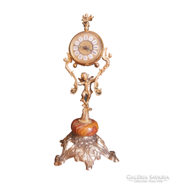 Blessing barokk stílusú fém óra, aranyozott angyalka szobor talapzaton