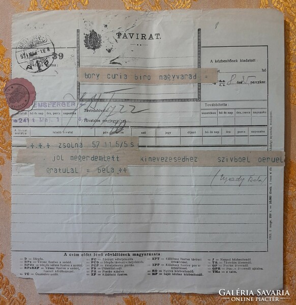 1914. Grat. Telegram of the Tiszaeszlár trial, 4 of the former investigating judge.