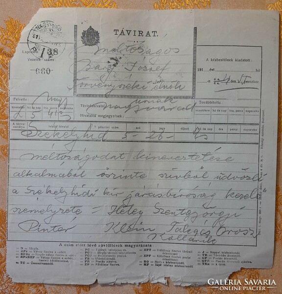 1914. Grat. Telegram of the trial judge in Tiszaeszlár, 6.