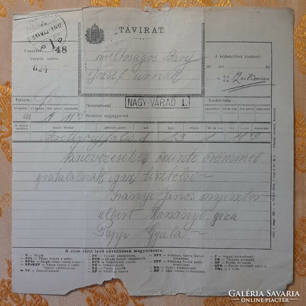 1914. Grat. Telegram of the trial judge in Tiszaeszlár, 7.