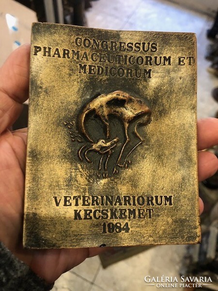 Copper commemorative plaque from 1984 commemorating the veterinary congress, 12 cm in size.