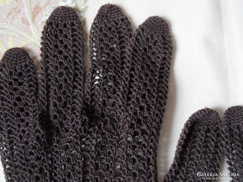 Hand-crocheted dark brown lace gloves