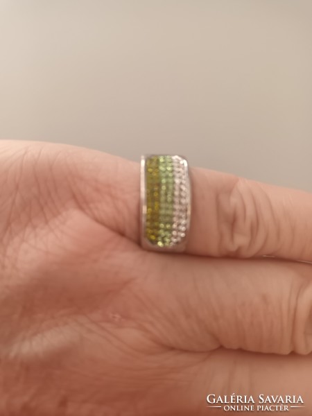 Old silver handmade ring with green and white swarovski stones for sale!