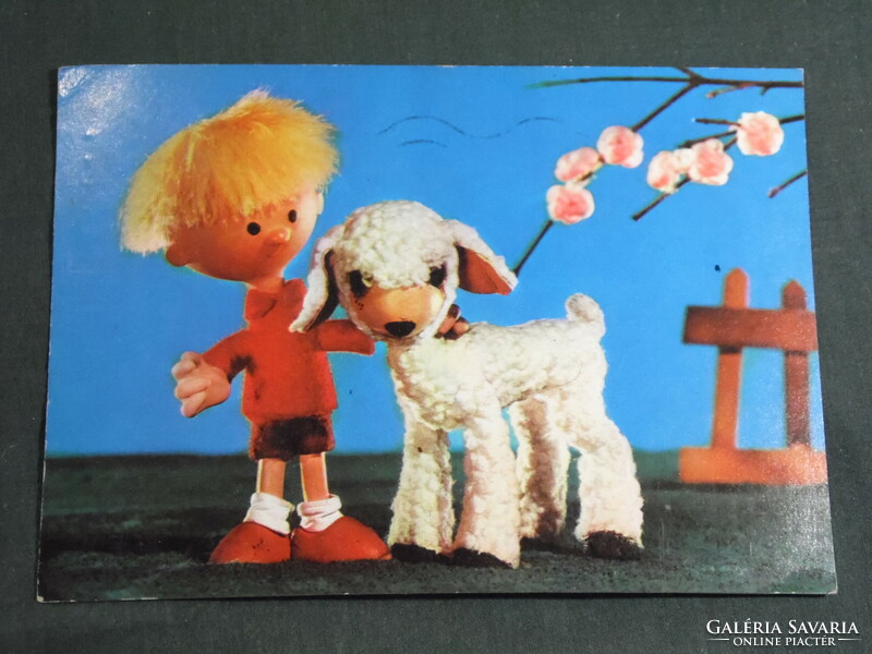 Postcard, festive, foky otto puppet design, little boy, lamb