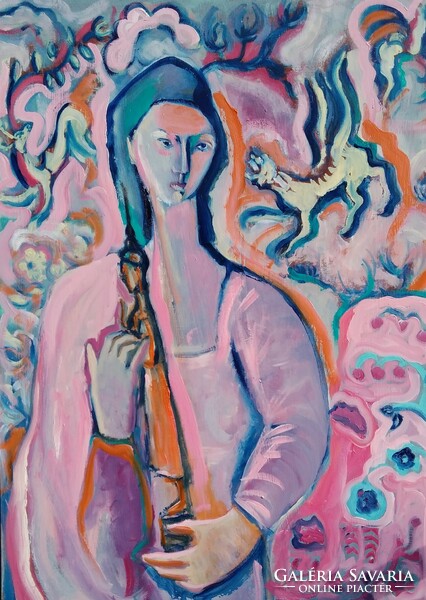 Figure embracing Buddha, in front of a Chinese carpet. Painting by éva Darmo