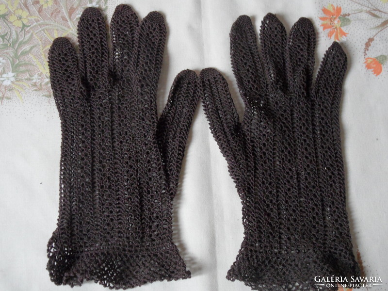 Hand-crocheted dark brown lace gloves
