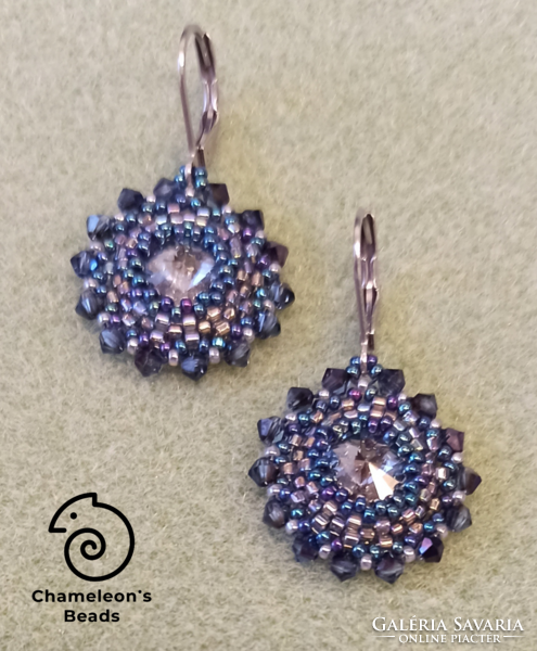"Lilac and Blue Mandala Beading Earrings" Swarovski kristályos liláskék gyöngyfűzött fülbevaló