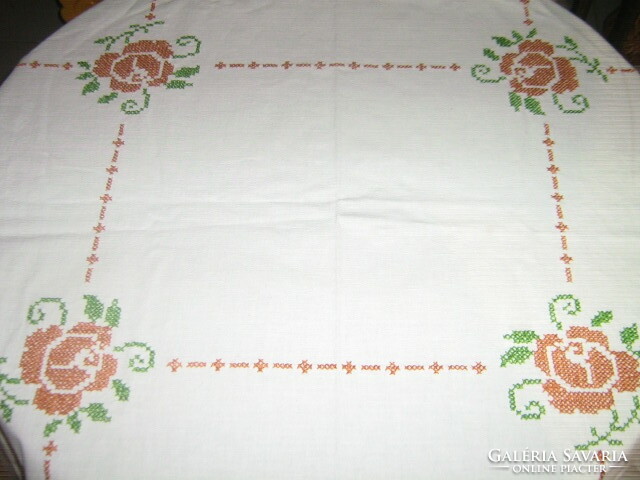 Beautiful antique vintage rosy hand embroidered elegant tablecloth