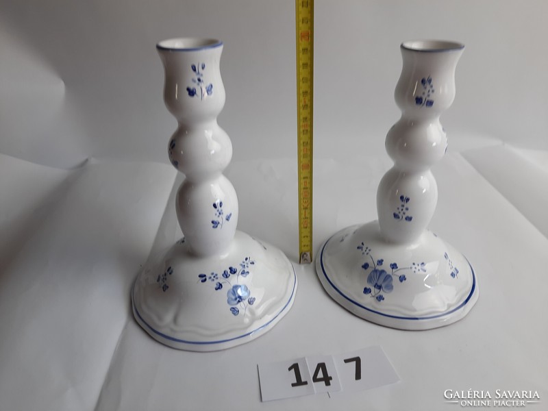 2 Herend hand-painted blue flower pattern candle holders - Herend Hungary Village Pottery -