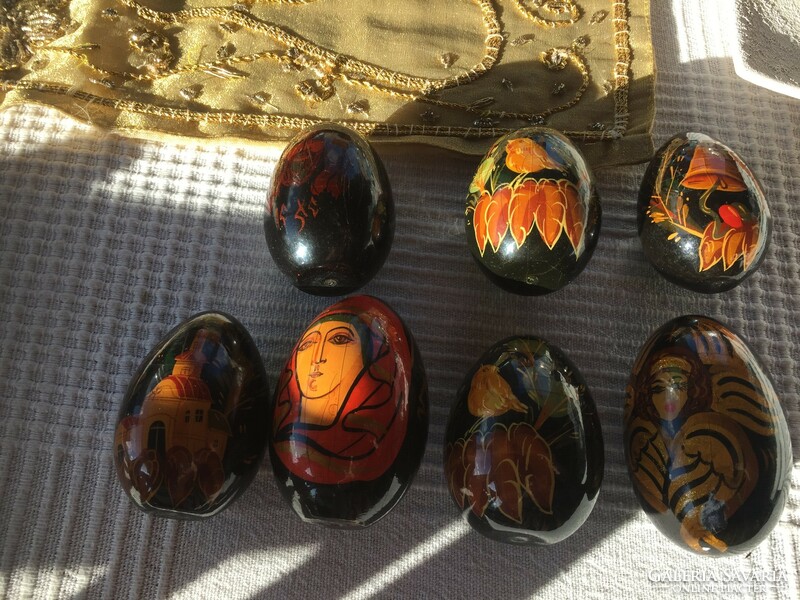 7 hand-painted, marked, gilded wooden decorative eggs, rare, special! (301)