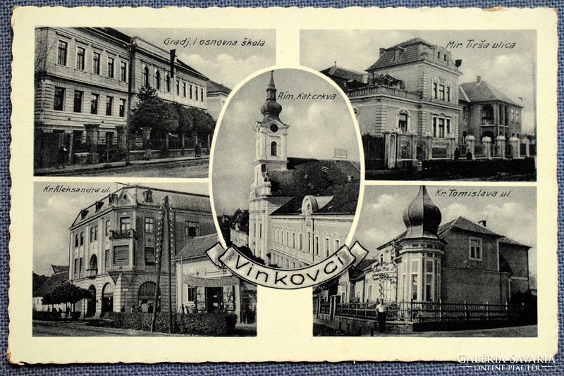 Vinkovci (Croatian) - mosaic photo postcard - school, street, church, shop 19??