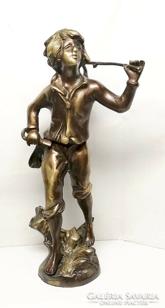 Gardener boy with a basket on his shoulder, full-length bronze statue, from France