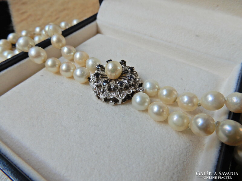 Genuine double row of real pearls with 18K white gold clasp and sapphire stones