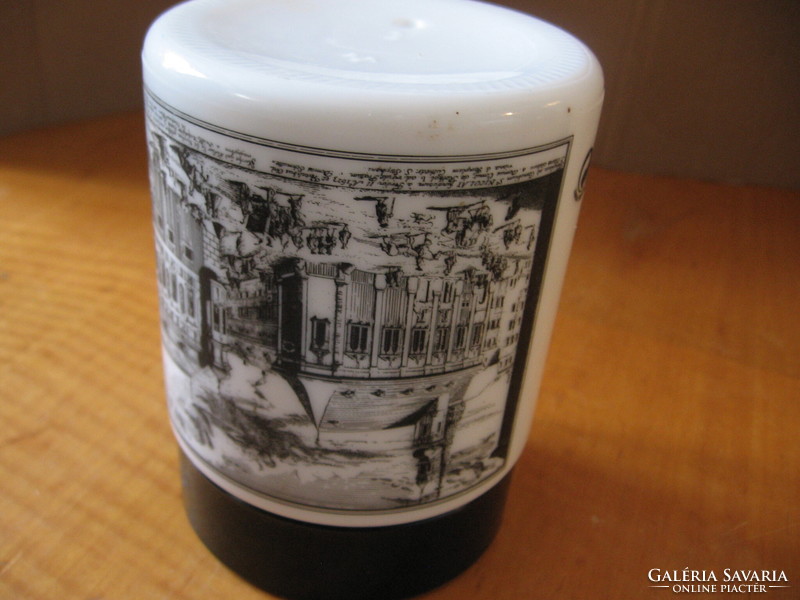 Retro milk glass screw-top holder, jar, box with a medieval city engraving pattern